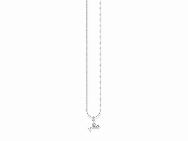 Silberne Kette von Thomas Sabo mit einem Anhänger in Form eines Cocktails, verziert mit schwarzem und rotem Zirkonia, Länge von 38 bis 45 cm, ideal für jeden Anlass.