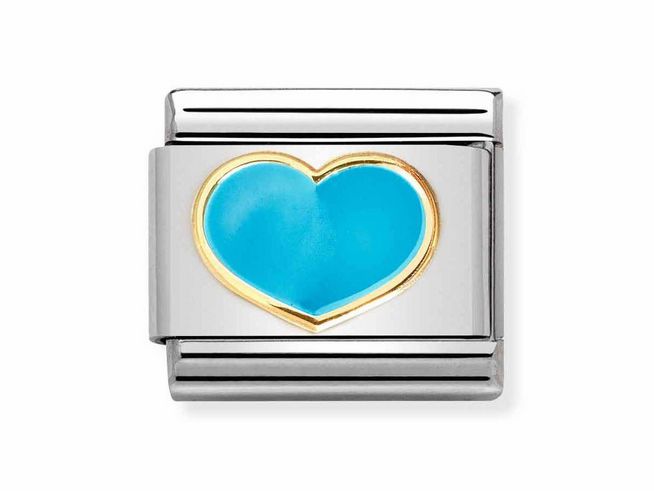 Edelstahl Charm aus der Kollektion Classic LOVE 2 mit einem türkisfarbenen Emaille-Herz und goldfarbener Umrandung, Hersteller Nomination, emailliert.