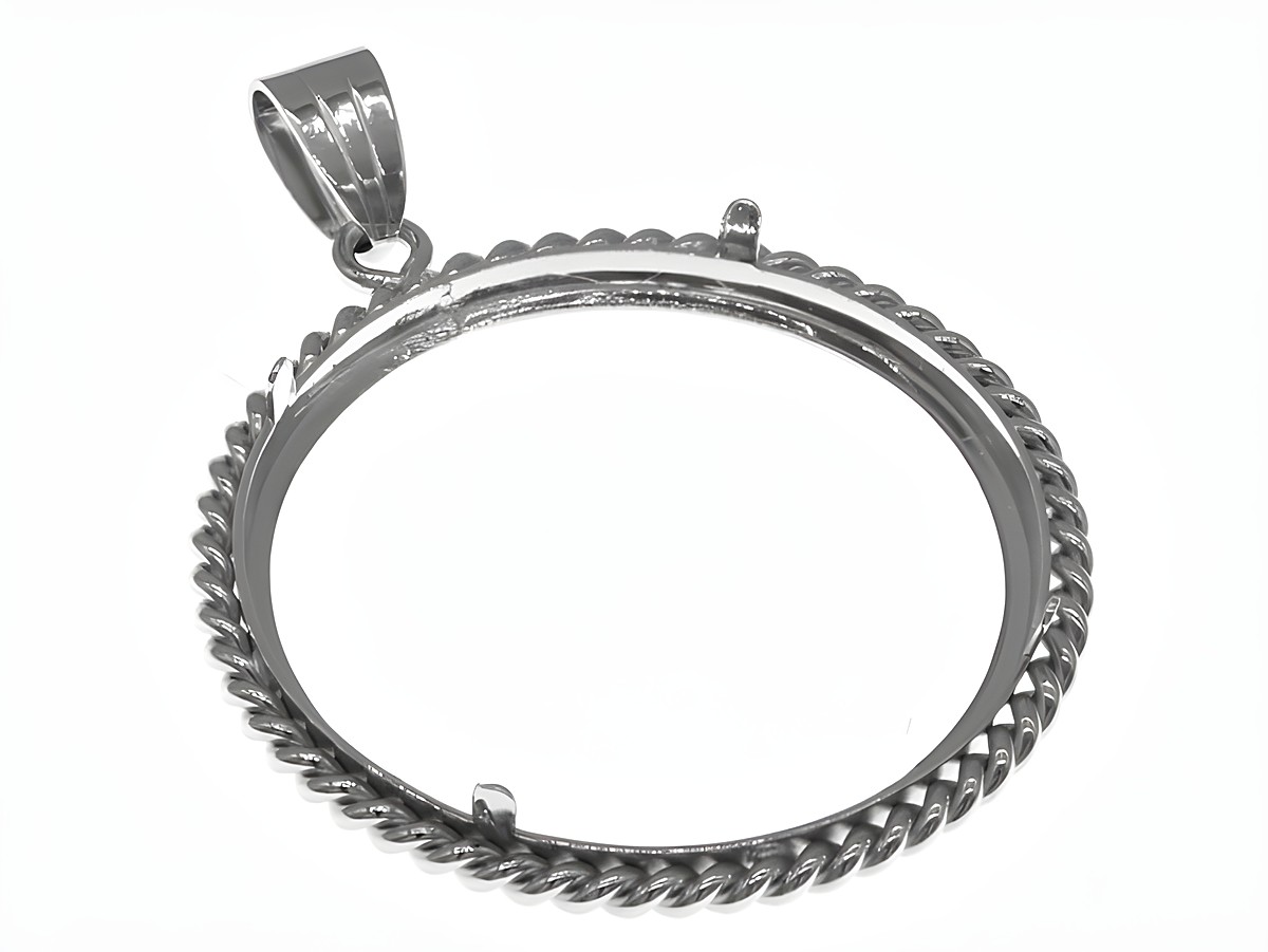 Münzfassung Anhänger aus rhodiniertem 925 Sterling Silber, Durchmesser 31,8 mm für maximal 3,5 cm große Münzen, detailreiche Kordeloptik, Hersteller Juwelier Harnisch. – Ansicht 3