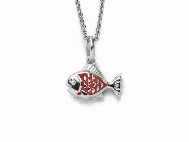 Sterling Silber Kette mit Fischanhänger, verziert mit roter Koralle, Länge 42 cm, elegante und verspielte Schmuckstück von DUR. Ideal für jeden Anlass und als Geschenk.