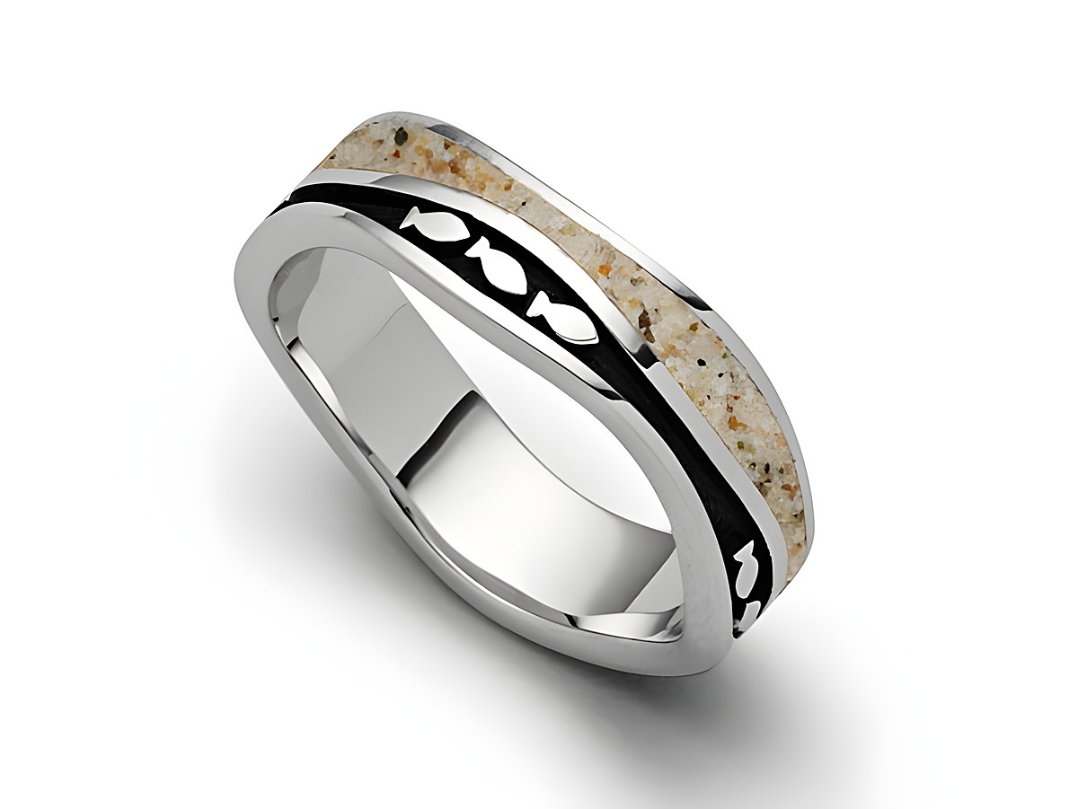 Sterling Silber Ring mit Wellenmuster und Fischschwarm, verziert mit Strandsand, Größe 60, Hersteller DUR.