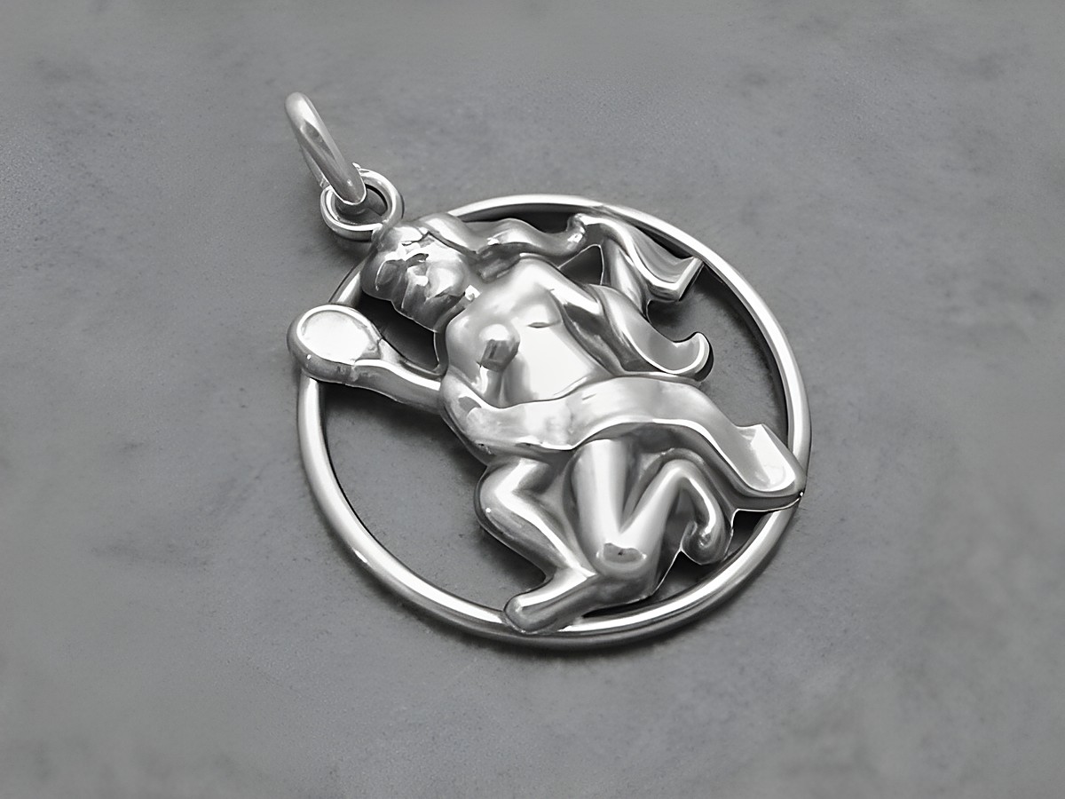 Silber geschwärzt Anhänger mit der Darstellung des Sternzeichens Jungfrau in runder Form, hergestellt von Juwelier Harnisch, detailreiche Ausarbeitung des Symbols.