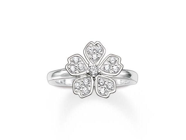 Thomas Sabo Ring TR1954-051-14-54 aus Silber mit Zirkonia in Größe 54, gestaltet als blütenförmiges Design mit funkelnden Steinen, elegant und hochwertig verarbeitet.