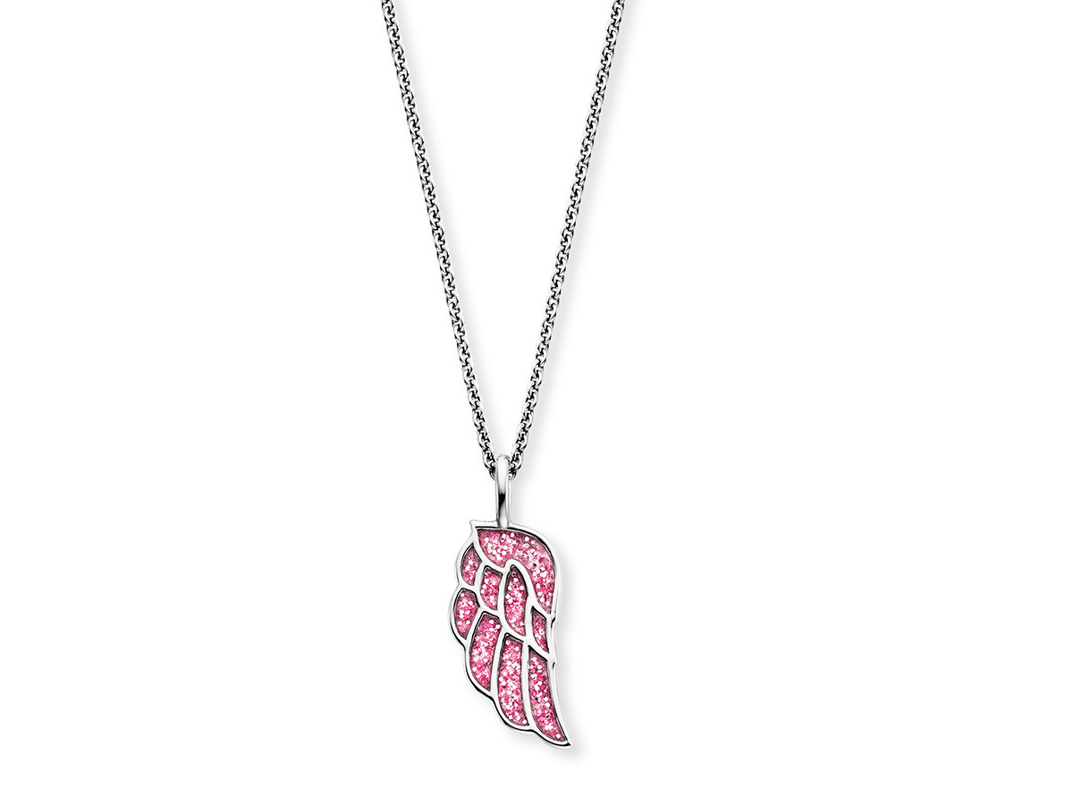 Ein eleganter Anhänger in Form eines Engelsflügels, besetzt mit pinken Glitzersteinchen, an einer feinen Kette in Silberoptik. Ein besonderes Schmuckstück von Herzengel.
