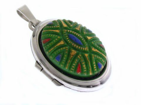 Green Design Medaillon mit Cabochon aus Sterling Silber rhodiniert, verziert mit bunten Mustern in Blau, Rot und Gold, idealer Schmuck für stilvolle Akzente.