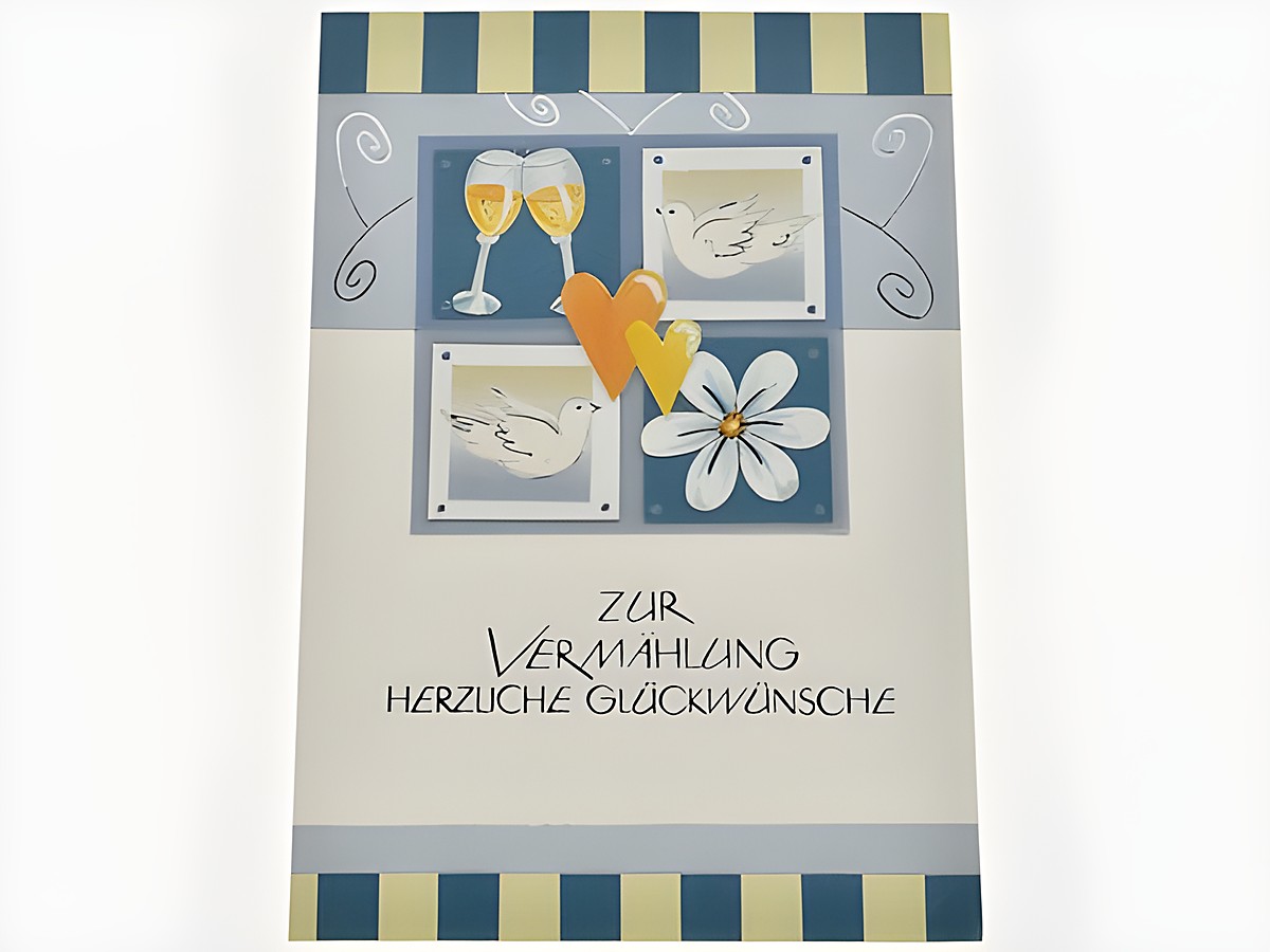 Hochzeitskarte mit Sektgläsern, Tauben, einer Blüte und Herzen, entworfen von Juwelier Harnisch, für herzliche Glückwünsche zur Vermählung.