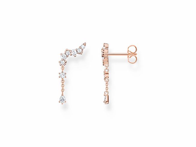 Ohrringe Ear climber aus vergoldetem Sterling Silber in Roségold mit Zirkonia, im Design Polartraum, elegante Form mit funkelnden Steinen und auffälliger Details.