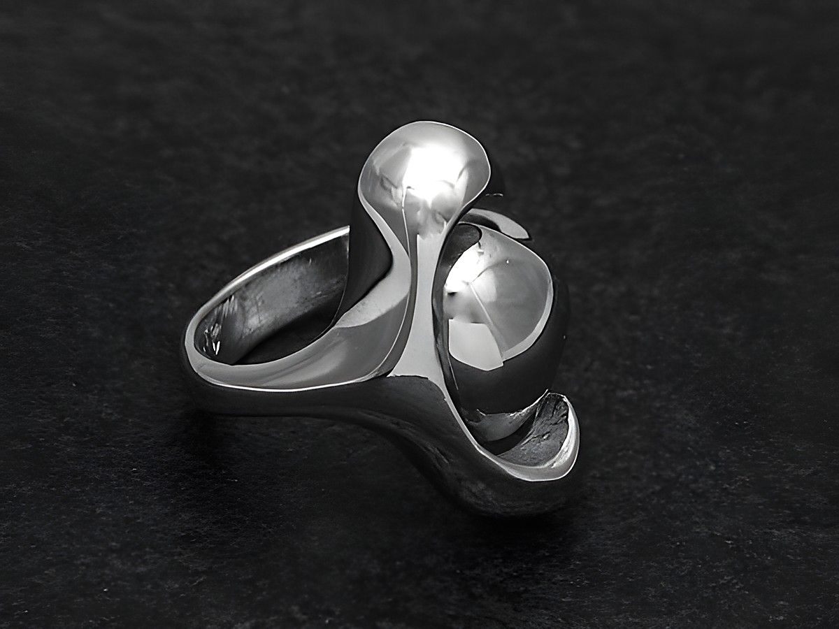 Silberring von Juwelier Harnisch in rhodiniertem Finish, modernes Design ohne Stein, wenig verstellbar, elegante Form mit glänzenden Oberflächen.