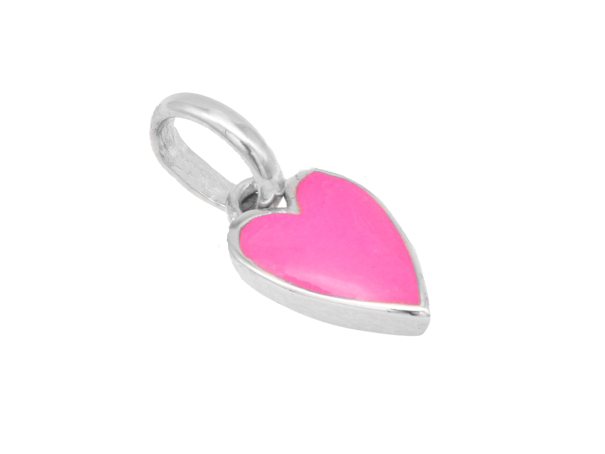 Silber Anhänger in Herzform aus rhodiniertem Sterlingsilber, poliert, mit pinkem Lack, idealer Kinderschmuck vom Hersteller Juwelier Harnisch für Kinder.