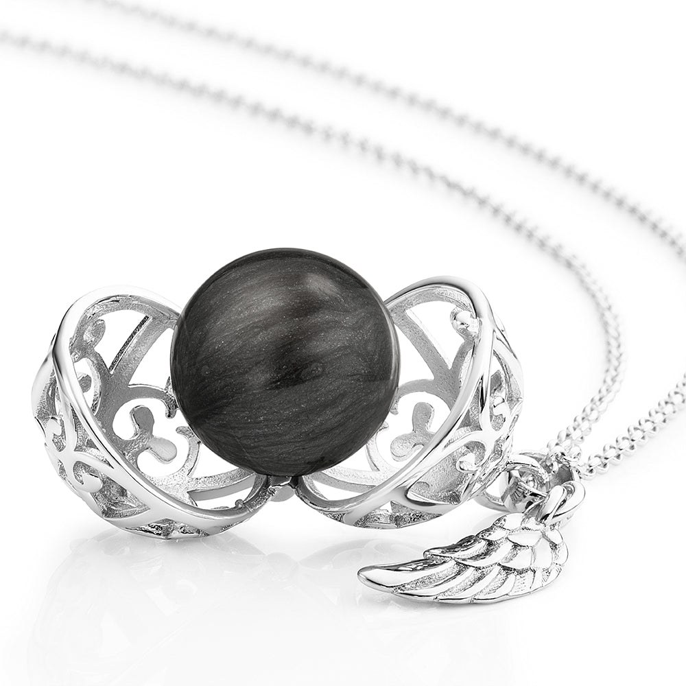 Engelsrufer 45 cm Kette mit Flügel & Klangkugel Anhänger - Silber rhodiniert Perlmutt - Grau Gr. XS – Ansicht 3