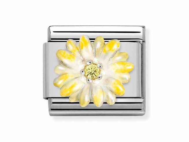 Edelstahl Charm von Nomination mit blühendem Design in Gelb und Weiß, verziert mit einem kleinen gelben Stein in der Mitte, perfekt für eine stilvolle Armbanduhr.