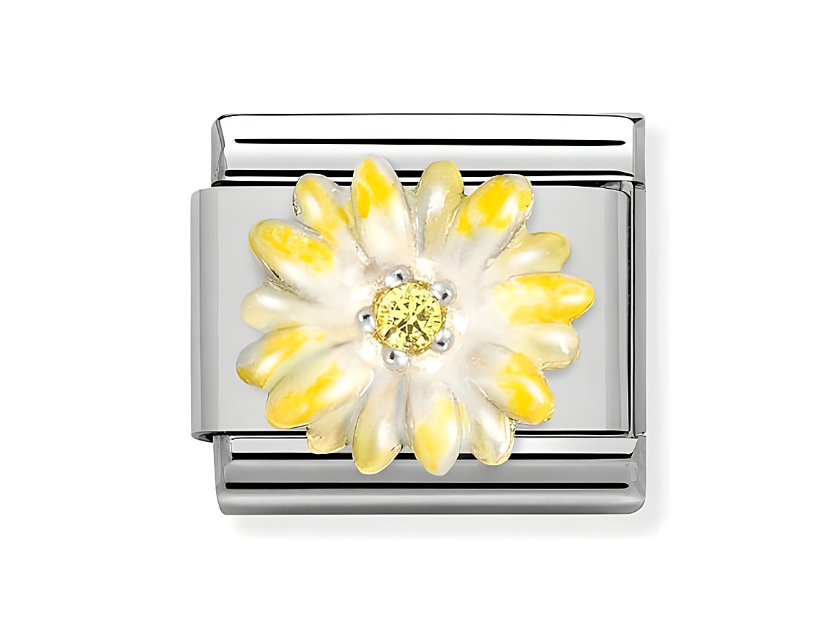 Edelstahl Charm von Nomination mit blühendem Design in Gelb und Weiß, verziert mit einem kleinen gelben Stein in der Mitte, perfekt für eine stilvolle Armbanduhr.