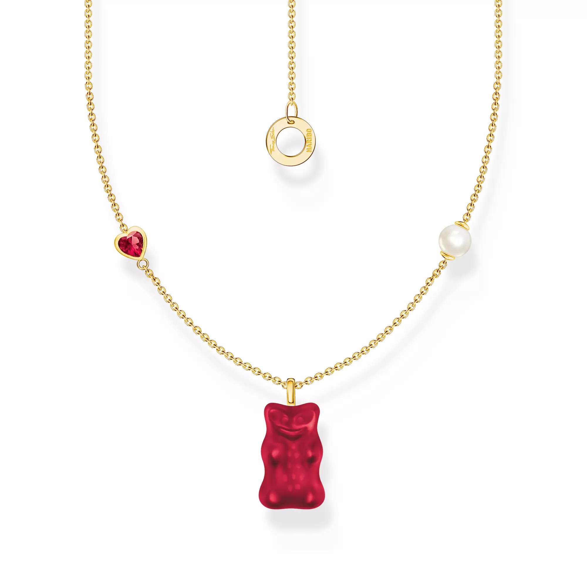 Thomas Sabo Kette mit rotem Goldbären-Anhänger, Herz und Perle vergoldet – HARIBO – Silber – 45 cm verstellbar