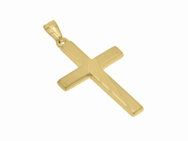 Schlichter Anhänger in Form eines Kreuzes aus teilmattiertem und vergoldetem Sterling Silber, Hersteller Juwelier Harnisch, zeitloses Design.