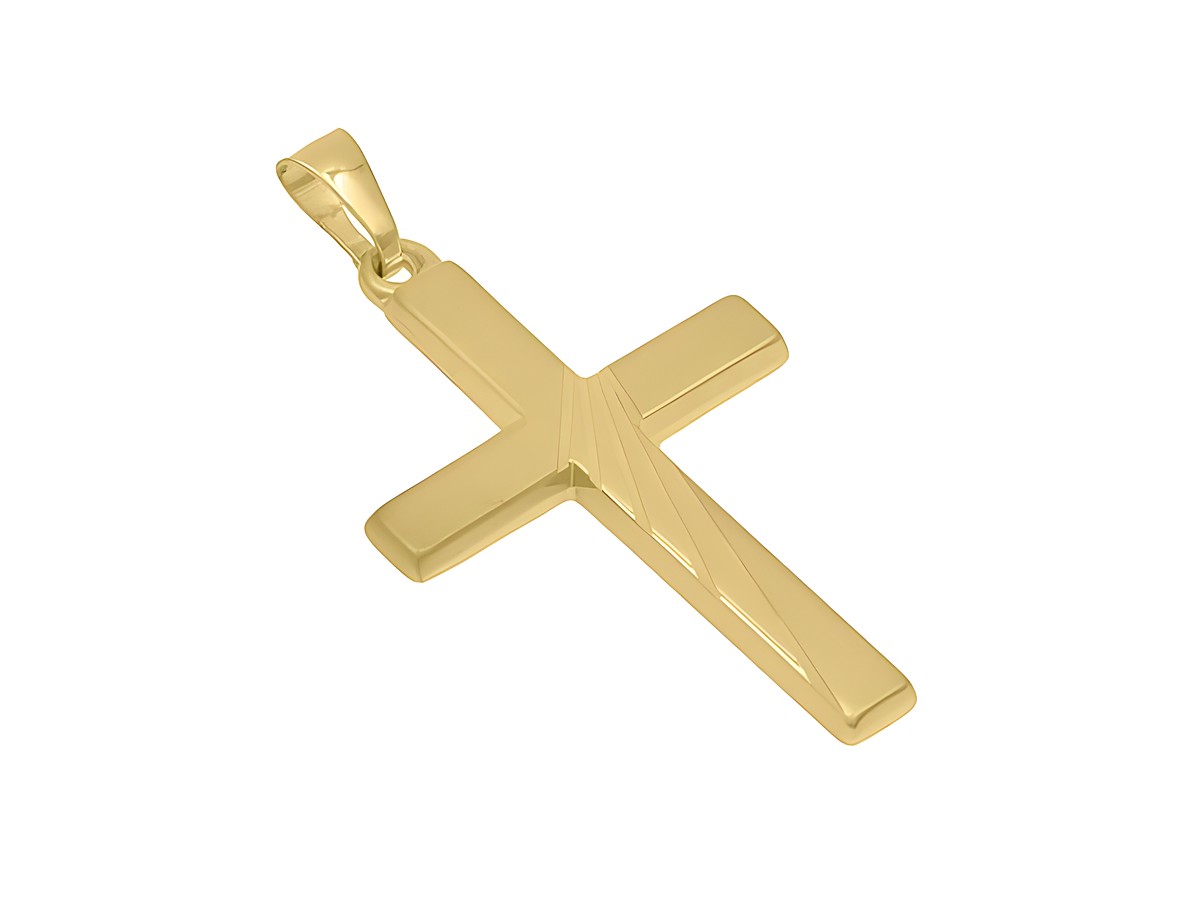 Schlichter Anhänger in Form eines Kreuzes aus teilmattiertem und vergoldetem Sterling Silber, Hersteller Juwelier Harnisch, zeitloses Design.