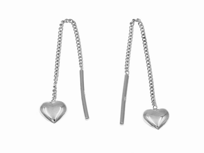 Ohrringe zum Durchziehen in Herzform aus rhodiniertem Sterling Silber, Hersteller Juwelier Harnisch, Ohrhänger ohne Stein. Elegant und modern im Design.
