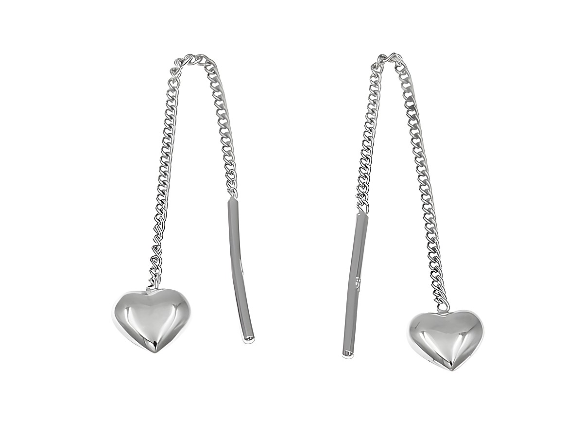 Ohrringe zum Durchziehen in Herzform aus rhodiniertem Sterling Silber, Hersteller Juwelier Harnisch, Ohrhänger ohne Stein. Elegant und modern im Design.
