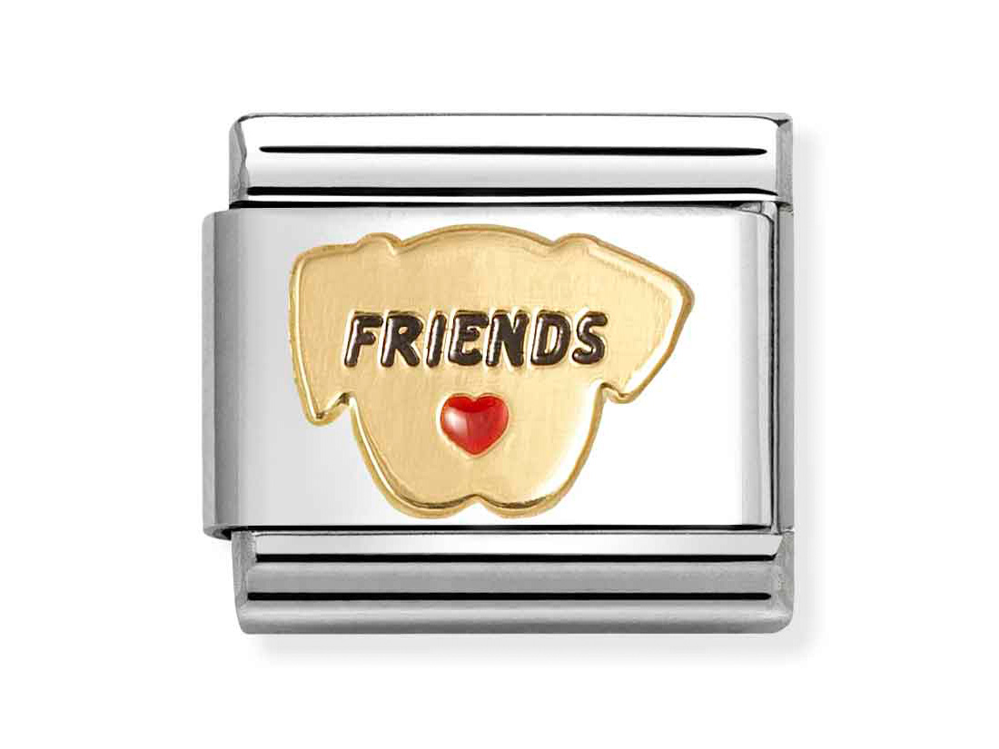 Hund mit Herz aus Classic Gold und Emaille, mit dem Schriftzug FRIENDS, ideal für Hundeliebhaber, Neuheit von Pandora, passend für schmuckliebende Freunde.