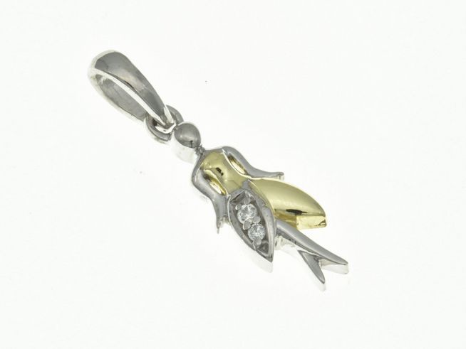 Elfe Fee Anhänger aus sterling Silber in bicolor rhodiniert mit Zirkonia für Kinder, zeigt eine hübsche, filigrane Darstellung einer Fee mit goldenem Kleid.