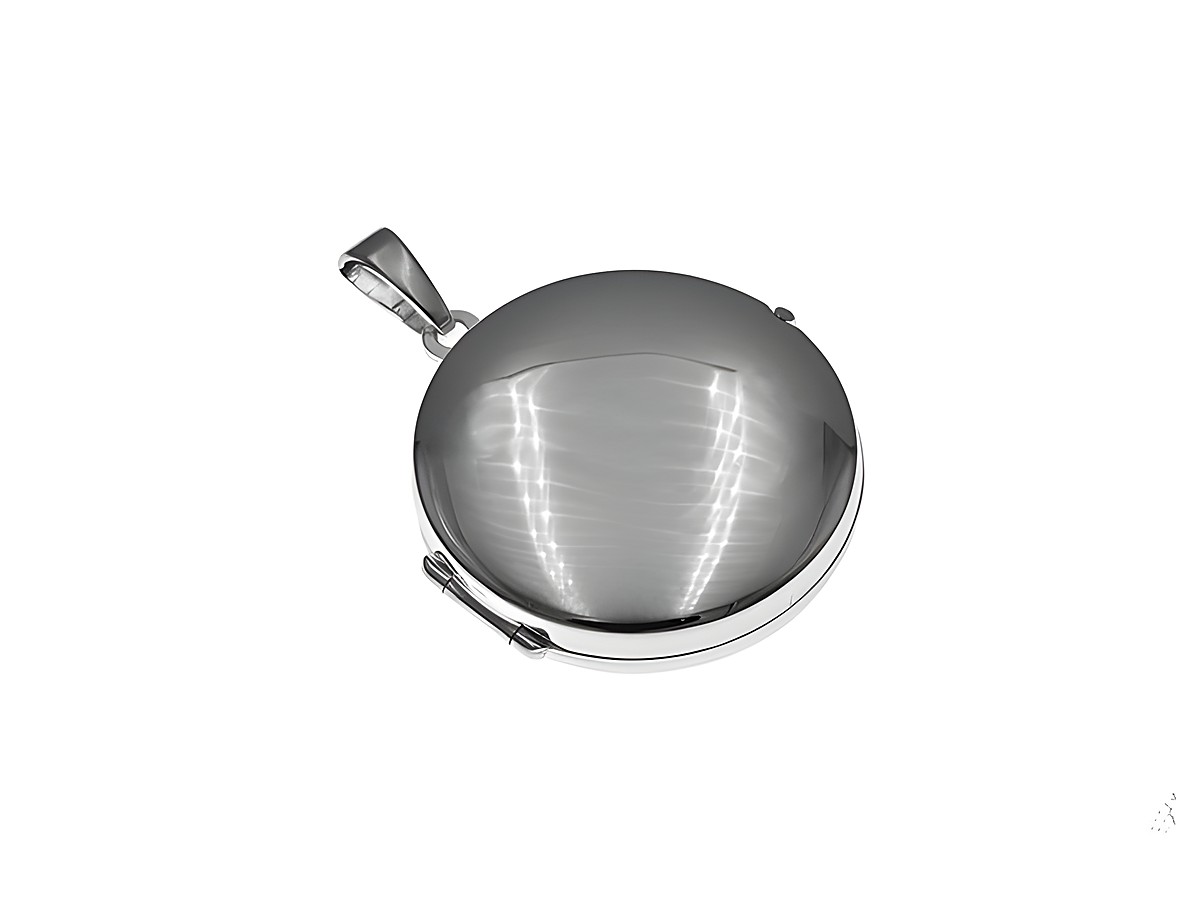 Rundes Silber Medaillon von Juwelier Harnisch mit glänzender Oberfläche und einem angebrachten Aufhängungsring, ideal als elegantes Schmuckstück oder Geschenk.