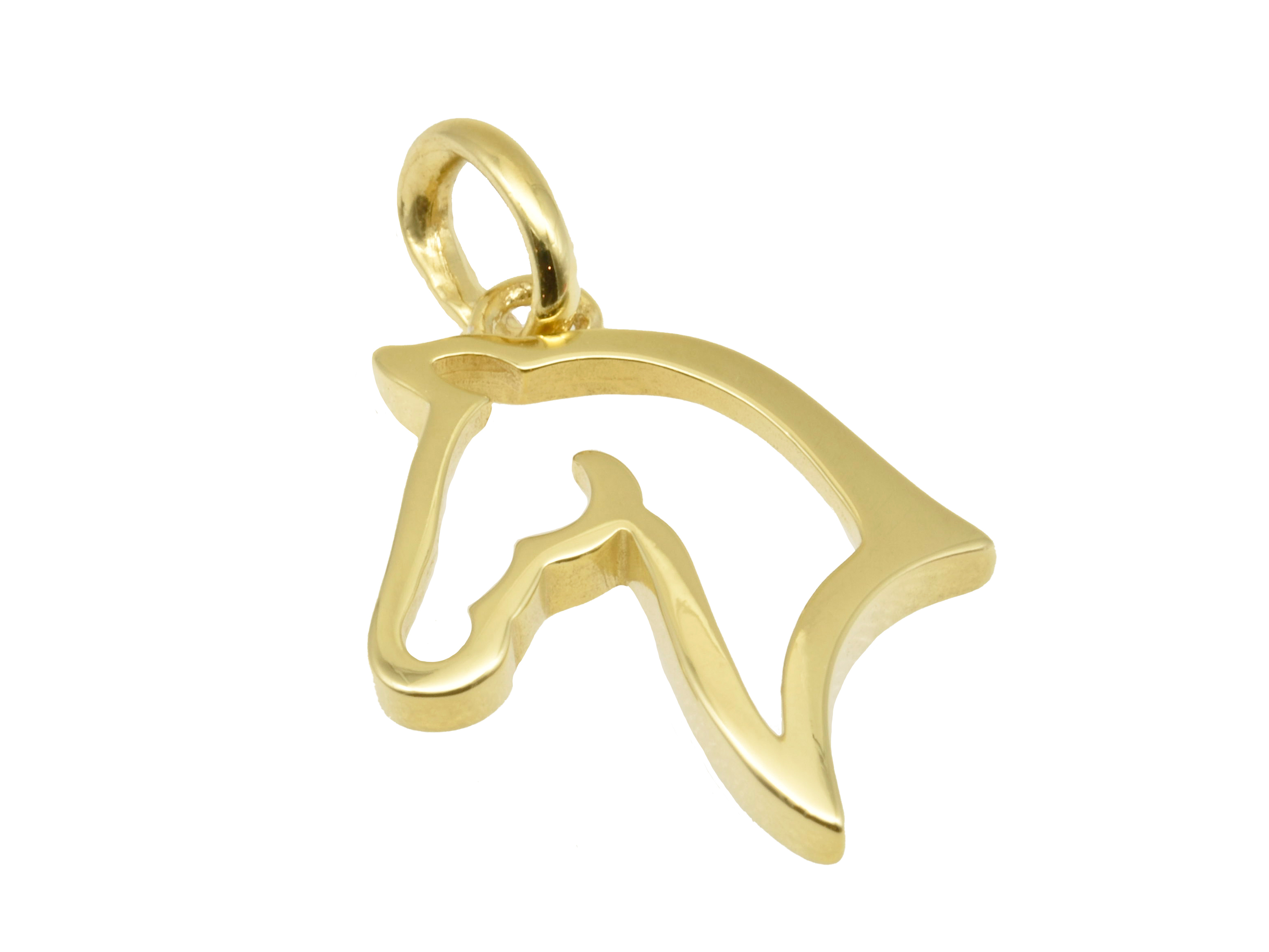 Silber Anhänger in Form eines Pferdekopfes, aus vergoldetem, poliertem Gelbgold, hergestellt von Juwelier Harnisch, ideal für Tierliebhaber.