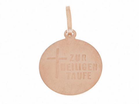 Tauftaler aus rosé vergoldetem Sterling Silber mit einem eingravierten Kreuz und der Aufschrift zur heiligen Taufe, hergestellt von Juwelier Harnisch, ideal als Geschenk zur Taufe.