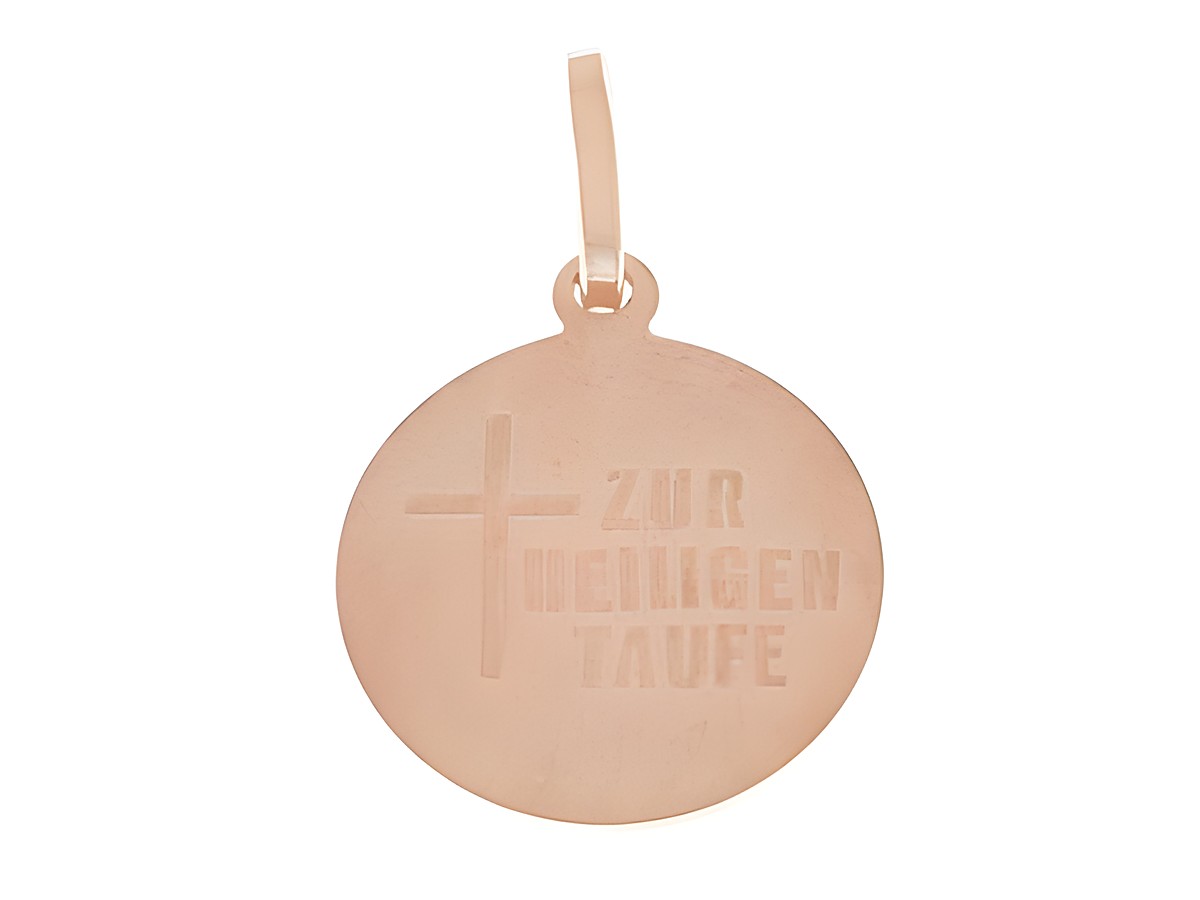 Tauftaler aus rosé vergoldetem Sterling Silber mit einem eingravierten Kreuz und der Aufschrift zur heiligen Taufe, hergestellt von Juwelier Harnisch, ideal als Geschenk zur Taufe. – Ansicht 2
