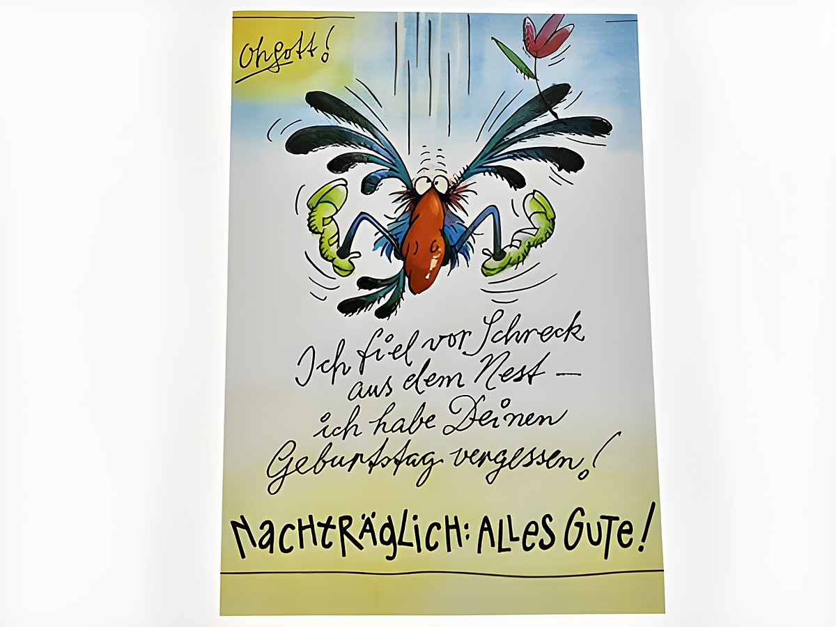 Eine bunte Geburtstagskarte zeigt einen zerzausten Vogel, der erschrocken aus einem Nest fliegt. Darunter steht der Text Ich fiel vor Schreck aus dem Nest – ich habe deinen Geburtstag vergessen! Nachträglich alles Gute!