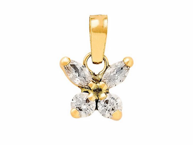 Ein filigraner Anhänger aus Gelbgold 585 mit polierter Oberfläche, gestaltet in Form eines Schmetterlings, verziert mit funkelnden Zirkonia-Steinen. Ideal für eleganten Schmuck.
