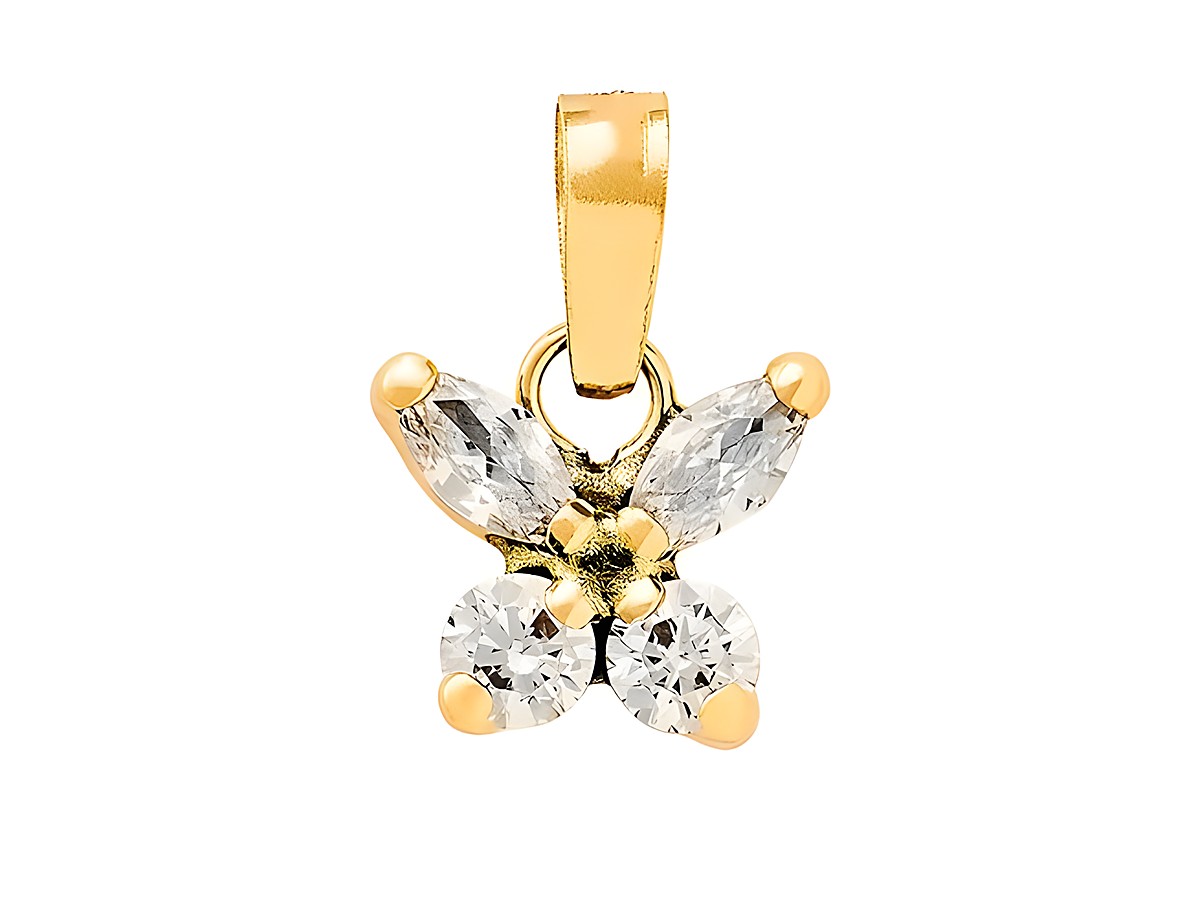 Ein filigraner Anhänger aus Gelbgold 585 mit polierter Oberfläche, gestaltet in Form eines Schmetterlings, verziert mit funkelnden Zirkonia-Steinen. Ideal für eleganten Schmuck.