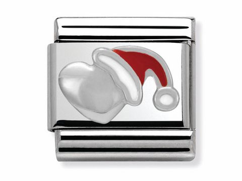 Silberner Charm von Nomination mit einem herzförmigen Motiv und einer roten Weihnachtsmütze aus Emaille, passend für festliche Anlässe.