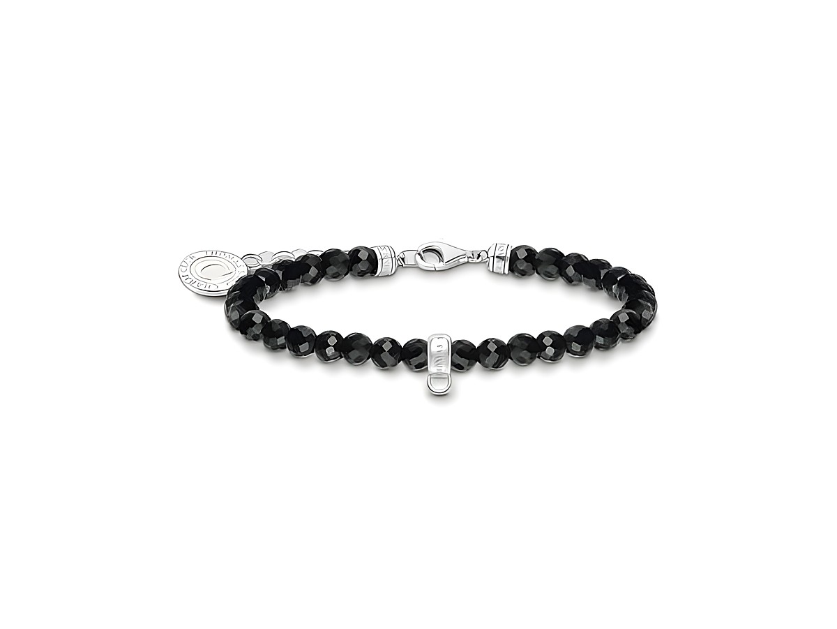 Armband aus schwarzem Onyx mit silbernen Elementen und Achat in Schwarz, verstellbar von 16 bis 19 cm, elegantes Design von Thomas Sabo.