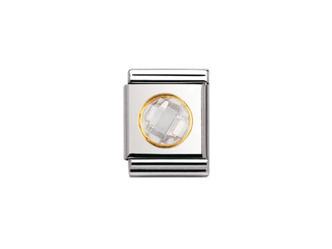 Big Zirkonia facettiert in Weiß, eingefasst in einem silbernen Element mit goldfarbener Umrandung, Hersteller: Nomination, älter als 2014. Ideal für individuelle Armbänder.