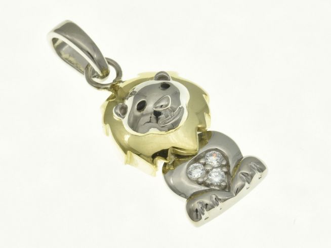 Löwe Anhänger aus rhodiniertem Sterling Silber und gelbgold vergoldet, verziert mit Zirkonia, hergestellt von Juwelier Harnisch, geeignet für animalische Schmuckliebhaber.