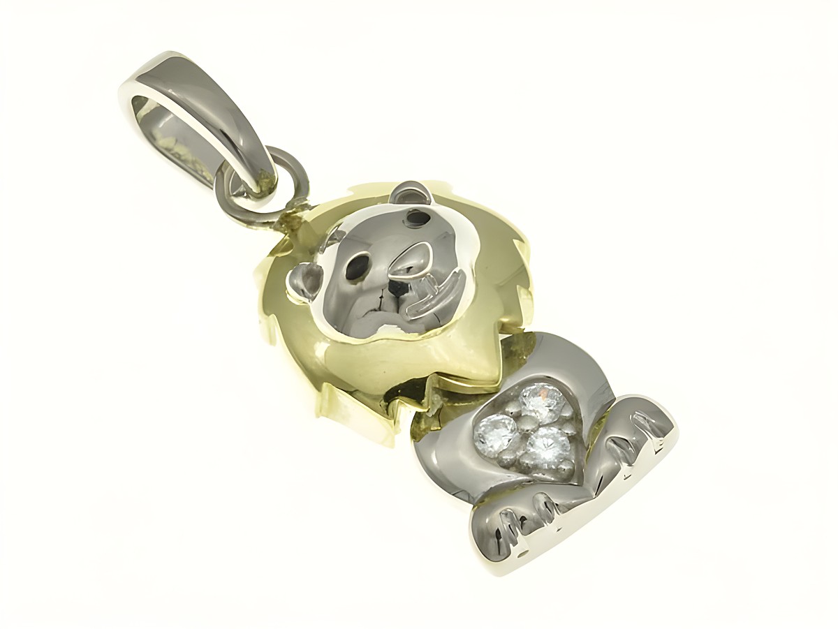 Löwe Anhänger aus rhodiniertem Sterling Silber und gelbgold vergoldet, verziert mit Zirkonia, hergestellt von Juwelier Harnisch, geeignet für animalische Schmuckliebhaber.