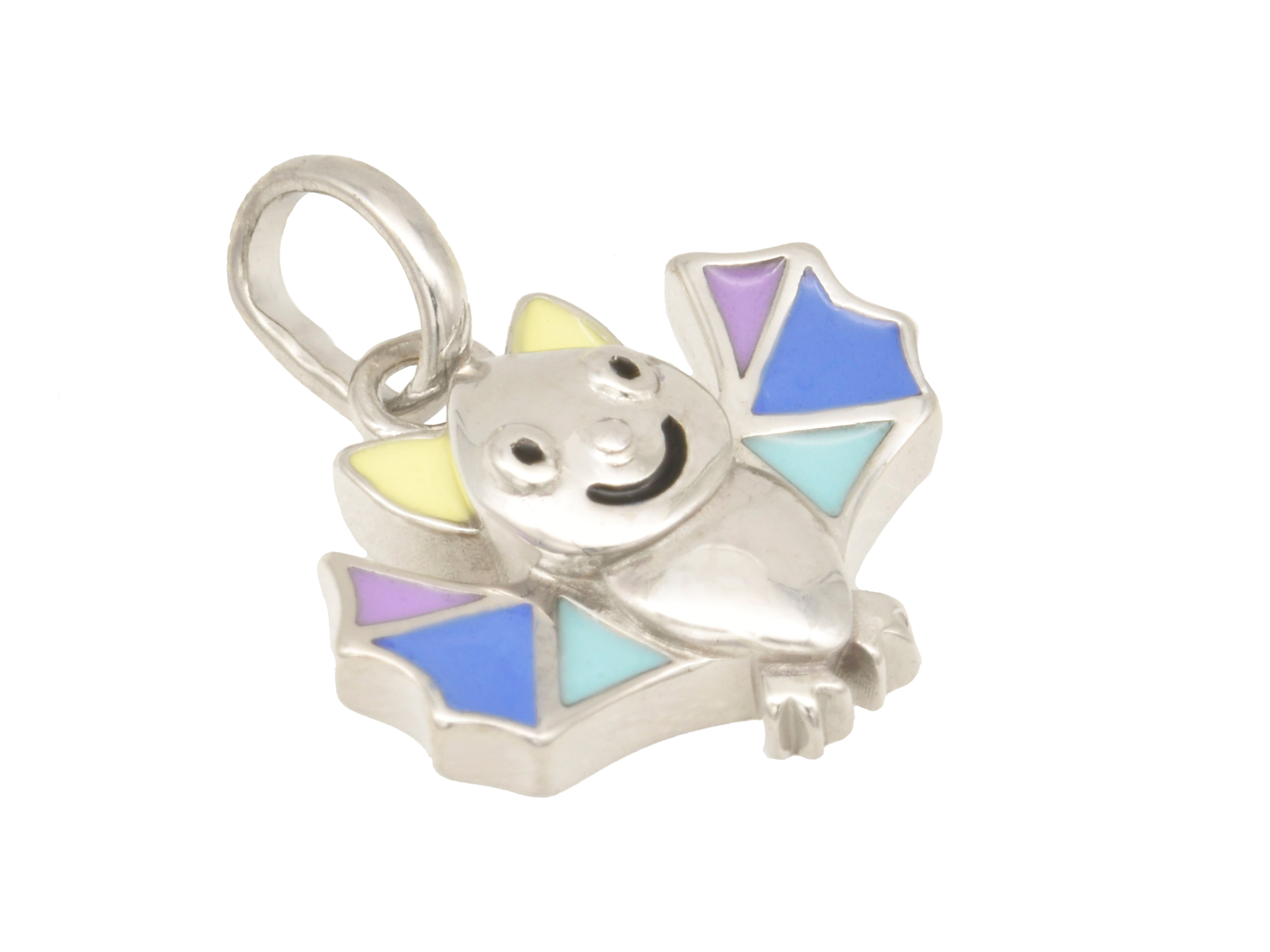 Silber Anhänger Fledermaus aus Sterling Silber, rhodiniert und poliert, mit bunten Lackakzenten, idealer Kinderschmuck vom Hersteller Juwelier Harnisch, für Kinder geeignet.