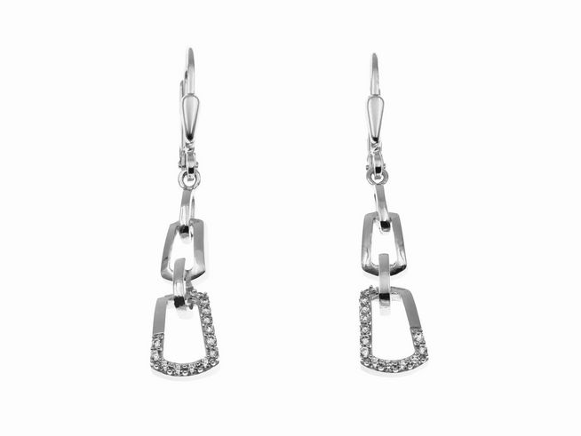 Funkelnde Ohrhänger aus Sterling Silber, rhodiniert, mit gliederförmigem Design und einem Steinbesatz, Hersteller Juwelier Harnisch. Ideal für besondere Anlässe.
