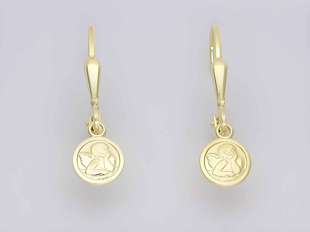 Gold Ohrringe rund aus 333 Gold mit Engel-Hängern, Hersteller Juwelier Harnisch, Ohrhänger ohne Stein, filigrane Verarbeitung und elegantes Design für vielseitige Anlässe.
