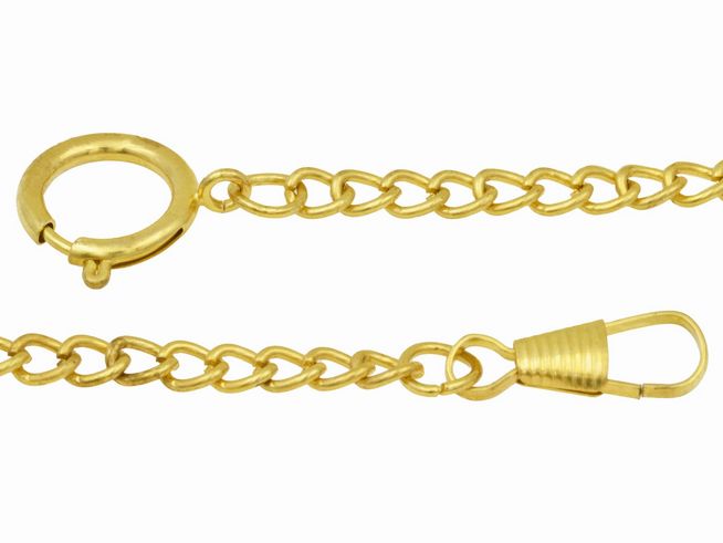 Eine vergoldete Taschenuhrkette aus Metall mit poliertem Gelbgold-Finish und einer Länge von 42 cm, hergestellt von Juwelier Harnisch, ideal für Eichmüller Taschenuhren.