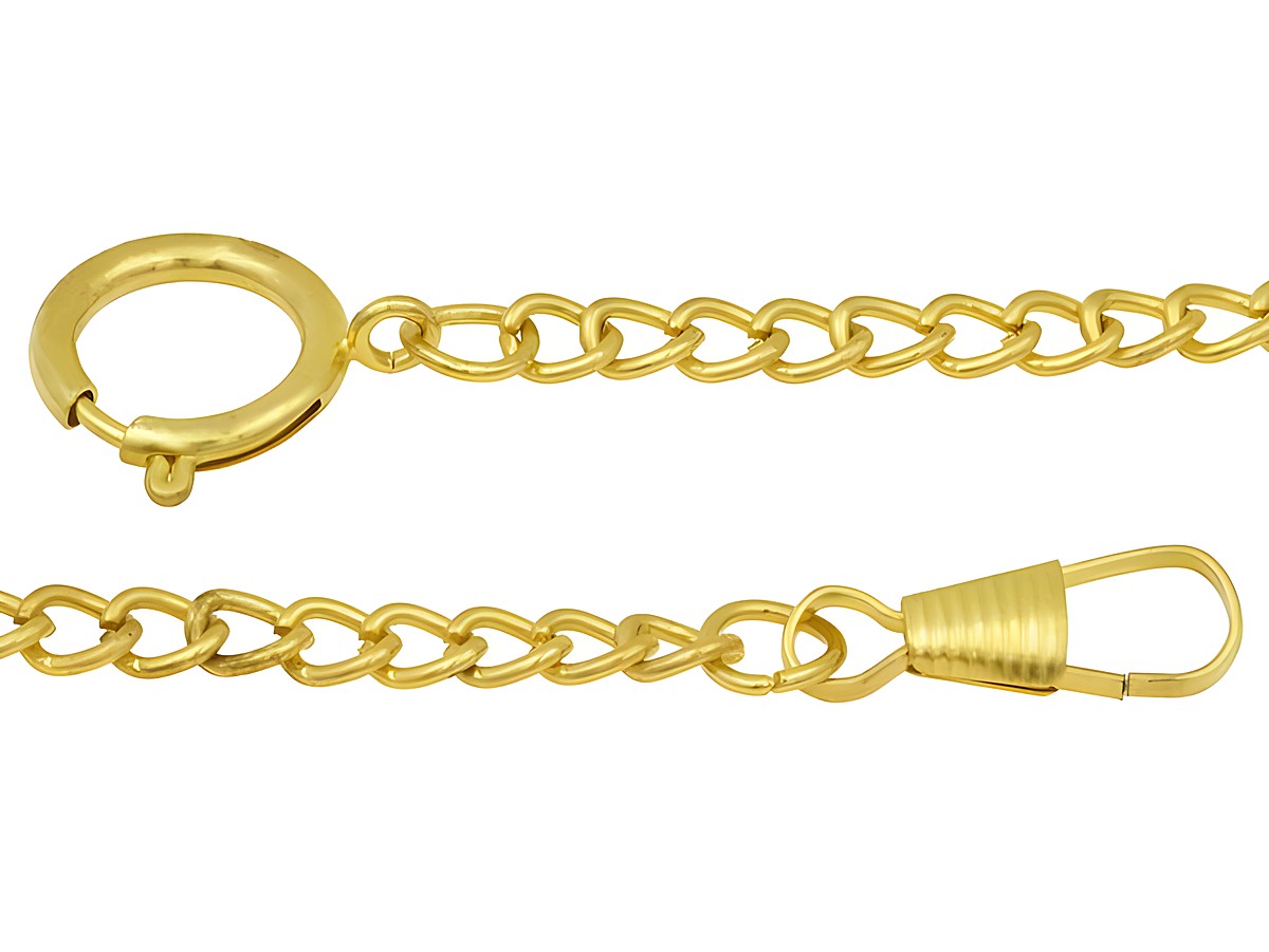Eine vergoldete Taschenuhrkette aus Metall mit poliertem Gelbgold-Finish und einer Länge von 42 cm, hergestellt von Juwelier Harnisch, ideal für Eichmüller Taschenuhren.