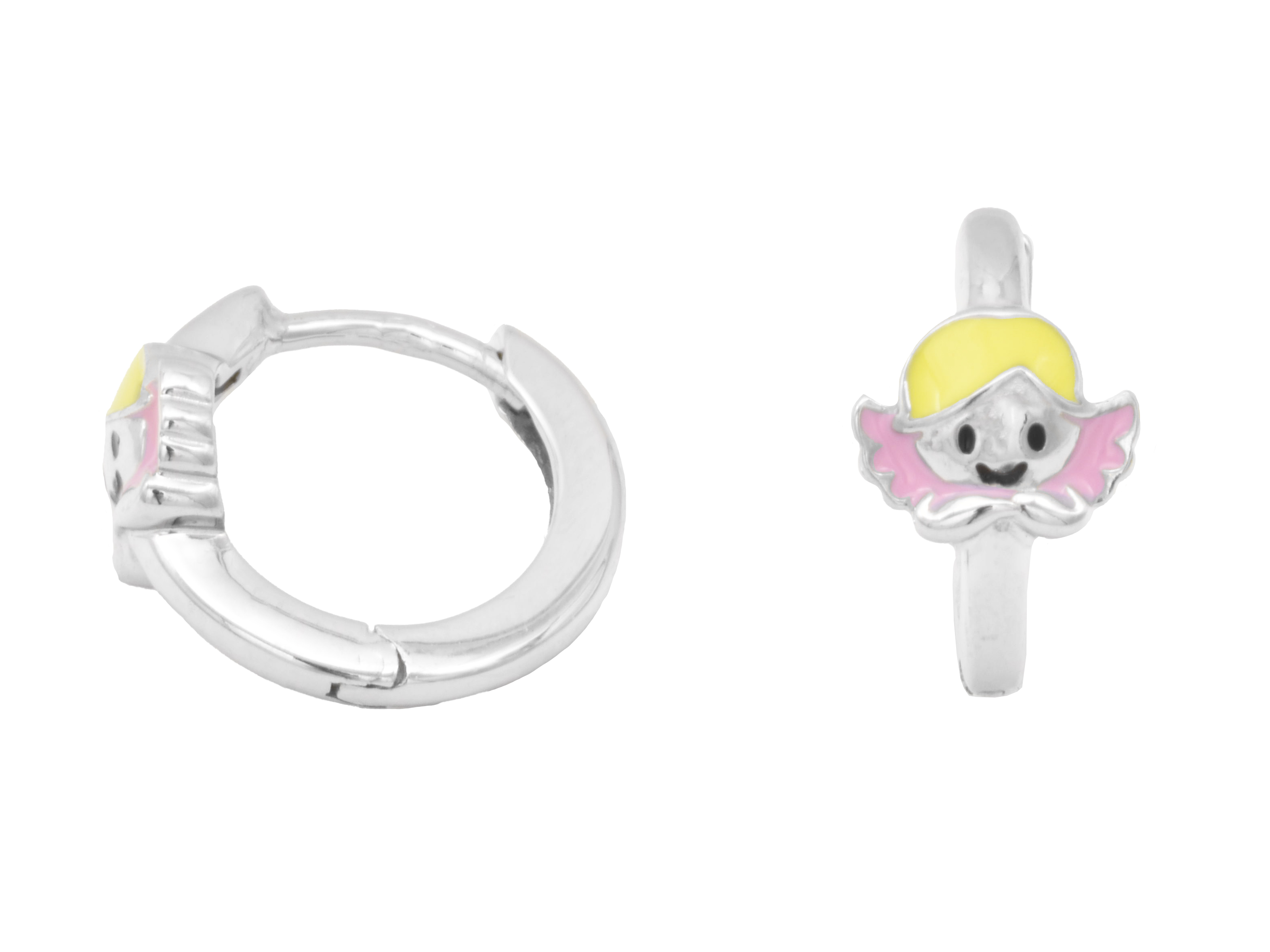 Creolen Ohrringe mit Engelskopf aus rhodiniertem Sterling Silber, poliert, Größe 1,2 cm, mit rosa und gelben Lackapplikationen, ideal für Kinder, Hersteller Juwelier Harnisch.