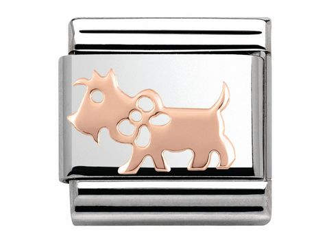 Hundemotiv aus Roségold auf einem silbernen Hintergrund, dargestellt als stilisierte Figur mit einer Blume. Ideal für Schmuckliebhaber und Hundeliebhaber.
