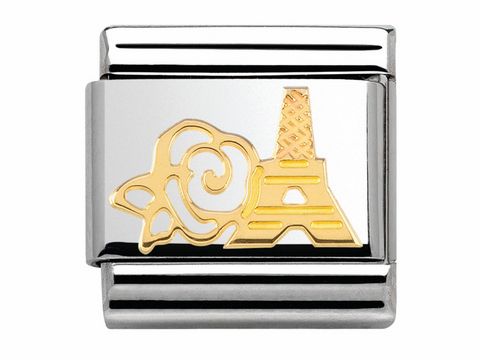 Ein elegantes Schmuckstück mit einer Darstellung eines geschwungenen Rosa und dem Eiffelturm in Gold auf silbernem Hintergrund, Teil der Kollektion MADAME ET MONSIEUR von Nomination.