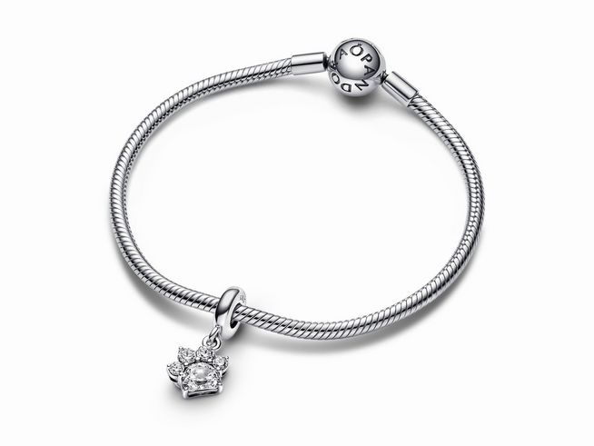 792247000-1 Sterling Silber Pandora Funkelnder Pfotenabdruck Charm-Anhänger mit klarem Zirkonia, elegant am Armband befestigt. Perfekt für Tierliebhaber und stilvolle Accessoires.
