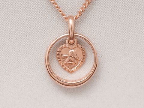 Taufring und Schutzengel in Herzform aus 925 Silber rosé vergoldet, verziert mit einem Saphir, Hersteller Juwelier Harnisch, elegantes Schmuckstück für besondere Anlässe.