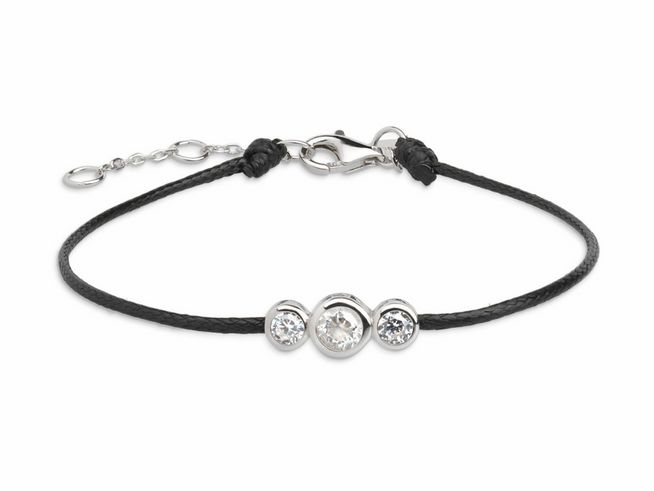 27001161-0 Xenox Sterling Silber Armband XS7322 mit schwarzem geflochtenem Band und drei funkelnden Anhängern aus Silber, Größe verstellbar von 15 bis 18,5 cm. Zarge Silber, Hersteller Xenox.