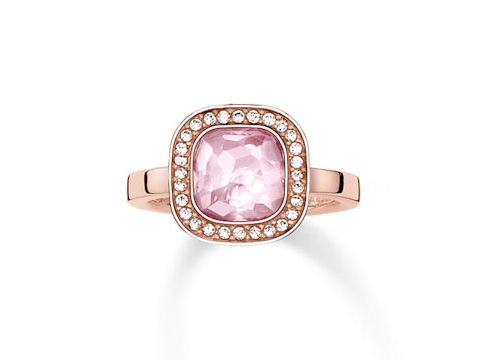 Thomas Sabo Ring aus Sterling Silber in vergoldetem Roségold mit synth. Korund in pink und Zirkonia-Steinen, Größe 52, elegant und glänzend, ideal für jeden Anlass.
