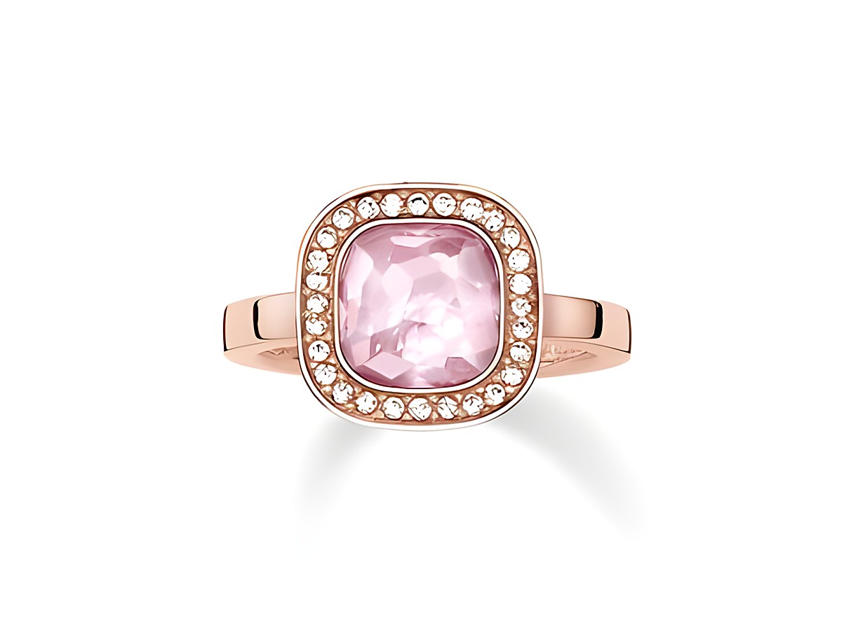 Thomas Sabo Ring aus Sterling Silber in vergoldetem Roségold mit synth. Korund in pink und Zirkonia-Steinen, Größe 52, elegant und glänzend, ideal für jeden Anlass.