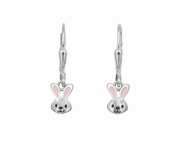 Ohrhänger in Form von Hasenköpfen aus 925 Sterling Silber, poliert und rhodiniert, hergestellt von Juwelier Harnisch, ideal für Kinder, mit niedlichem Design.