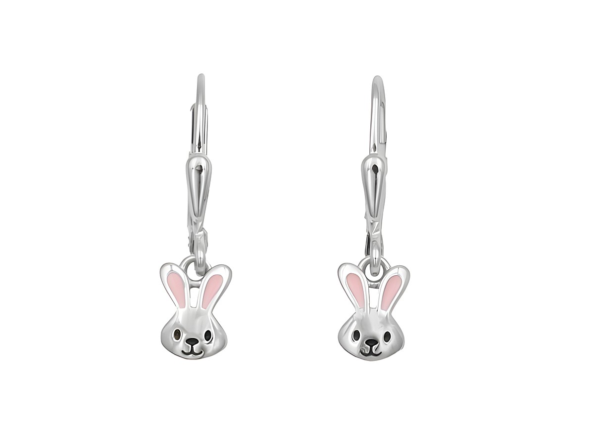 Ohrhänger in Form von Hasenköpfen aus 925 Sterling Silber, poliert und rhodiniert, hergestellt von Juwelier Harnisch, ideal für Kinder, mit niedlichem Design.